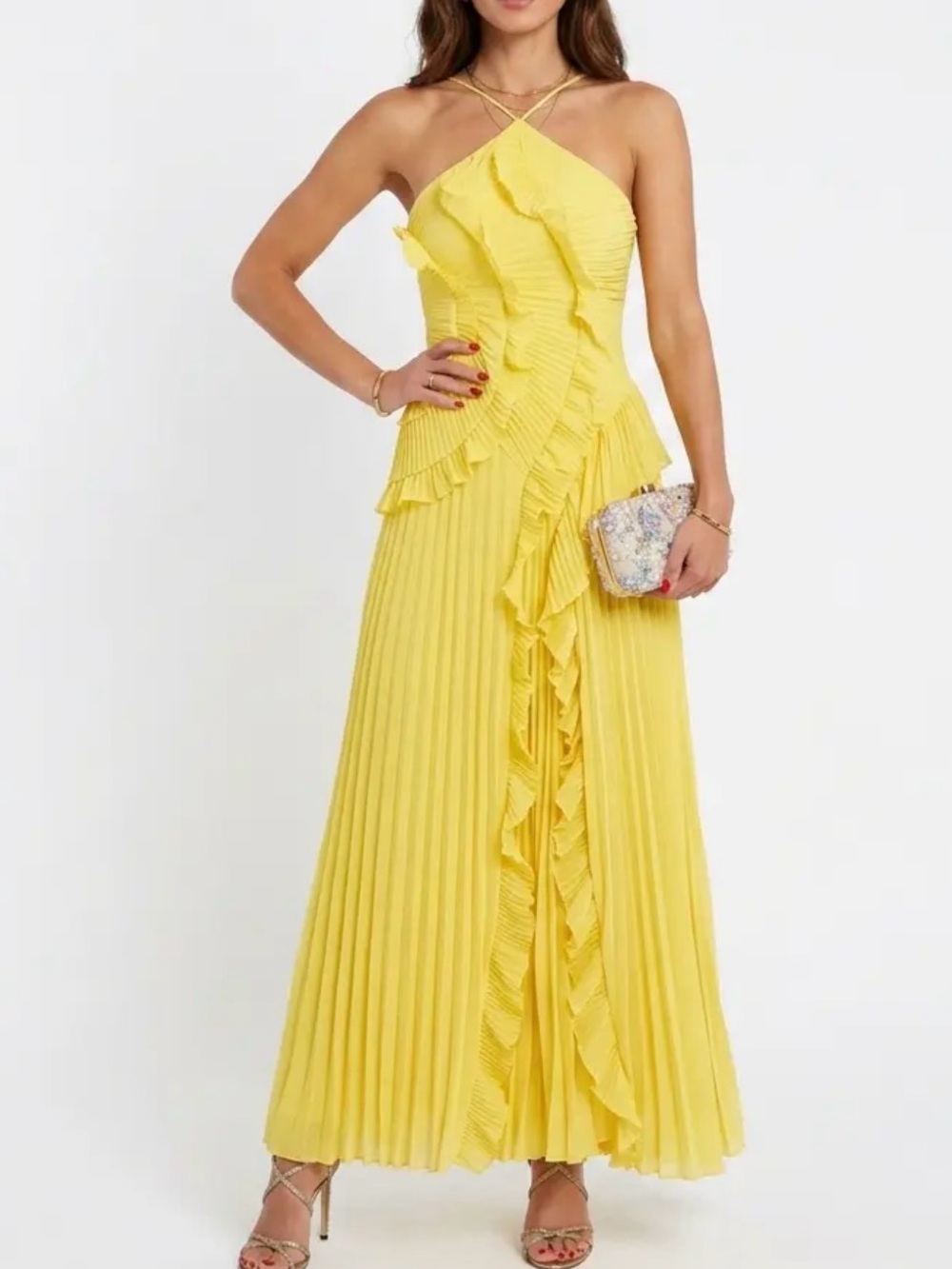 Yellow Ruffle Pleated Halter Maxi Dress